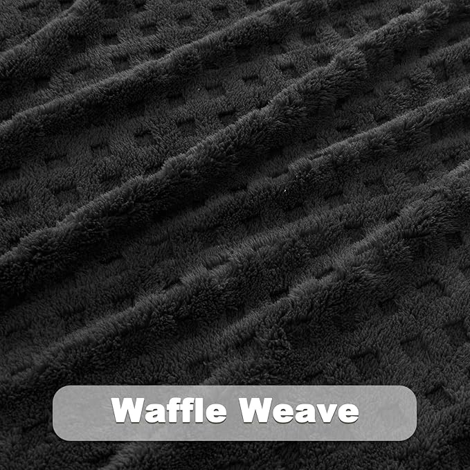 NEWCOSPLAY Super Soft Queen Blanket Black Premium Silky Flannel Fleece 3D Waffle Checkered Lightweight Bed Blanket All Season Use (Black, Queen(90"x90"))