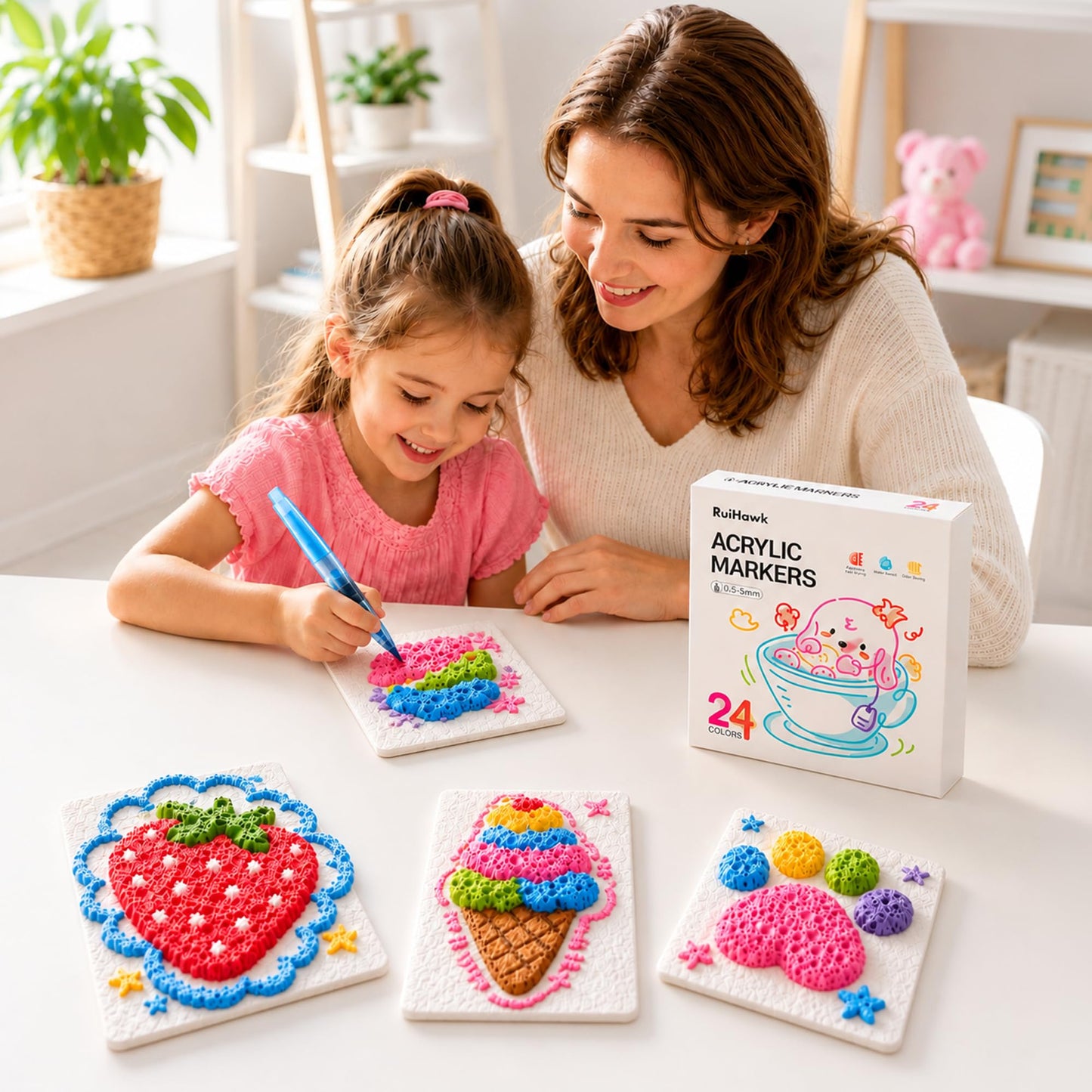 RuiHawk 3D Magic Foam Texture Painting Kit, 75 Pcs Puff Paint Art Supplies with 24 Auto-Flow Markers, 38 Texture Sheets & 10 Bead Necklace, Non-Toxic Creative Puffy Paint Gift for Boys Girls Ages 4-12