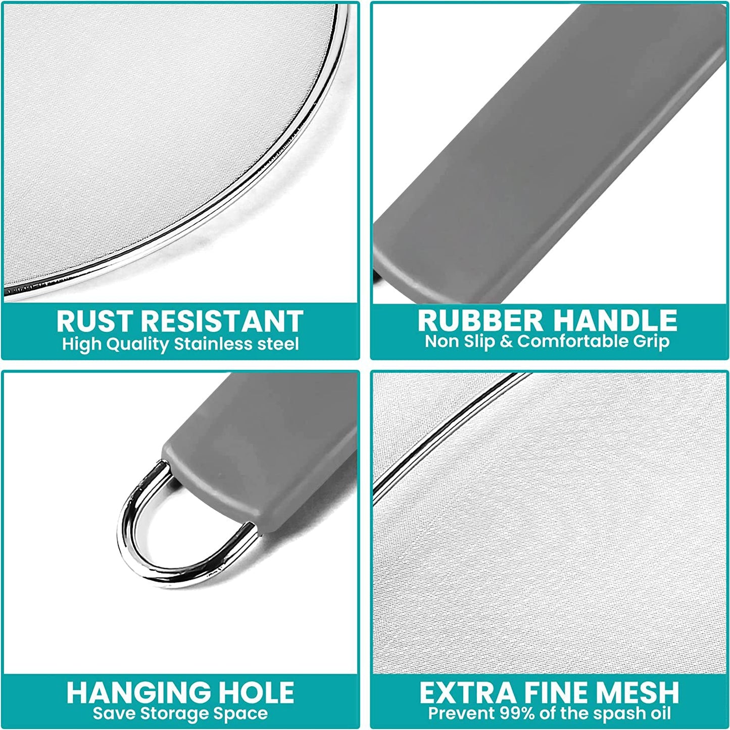 13" Grease Splatter Screen for Cooking | Stainless Steel Oil Splatter Guard and Ultra-Fine Mesh Protects Skin from Burns | TPR Tight-Grip Handle (Grey)