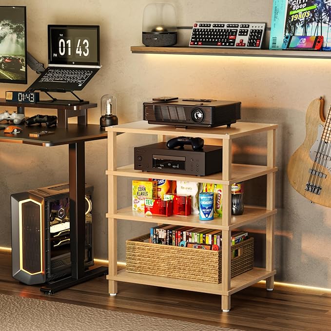 4-Tier AV Media Player Stand, Natural Stereo Cabinet, Modern Audio Shelf, Wooden TV Stand,Game Console Shelf, Multifunctional Entertainment Center, Suitable for Home, Conference Room, Game Studio