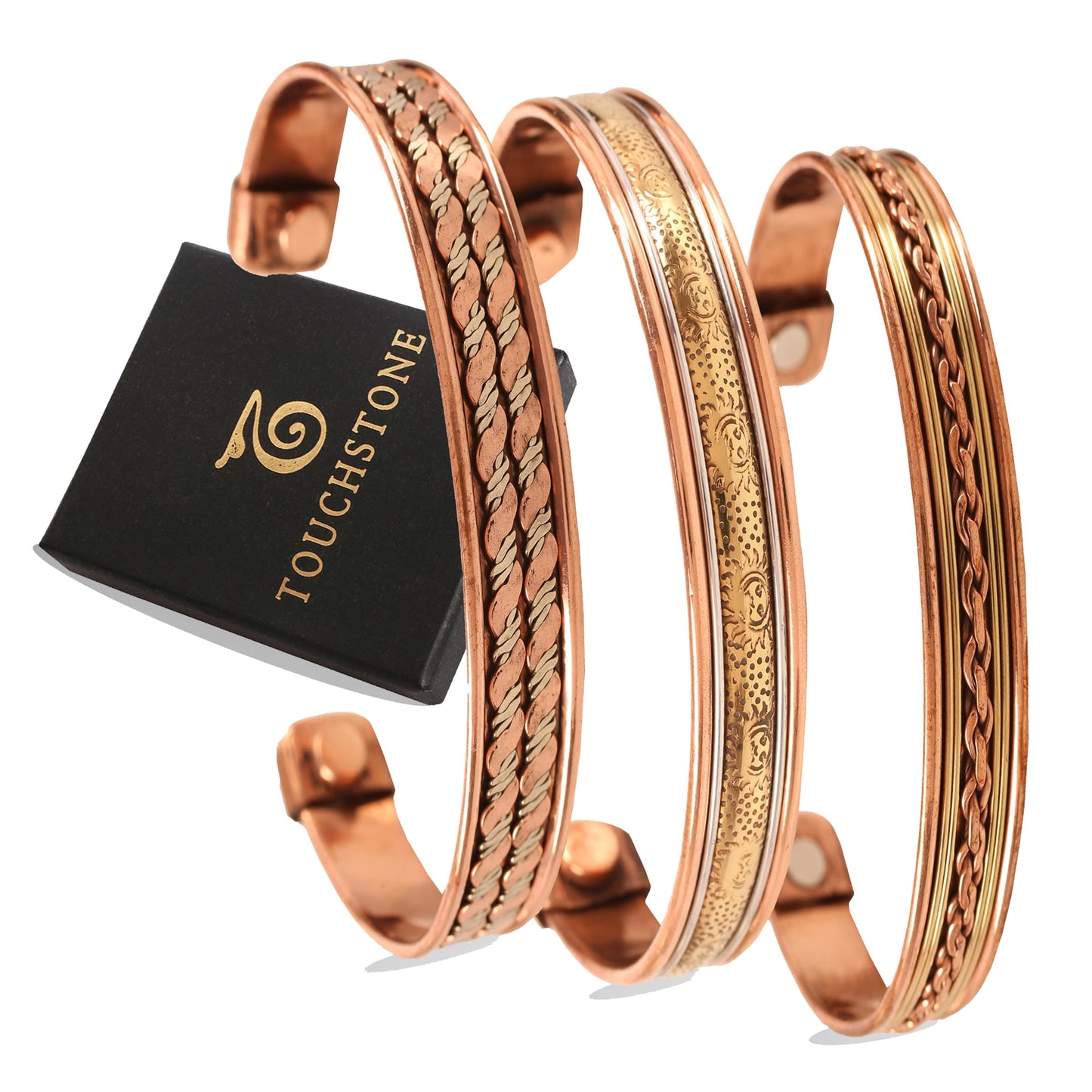 Touchstone copper bracelets | gift for men women |adjustable 100% pure solid real magnetic jewelry | handmade bracelet set combo | rope braided tibetan bangles. Set of 3 different designs