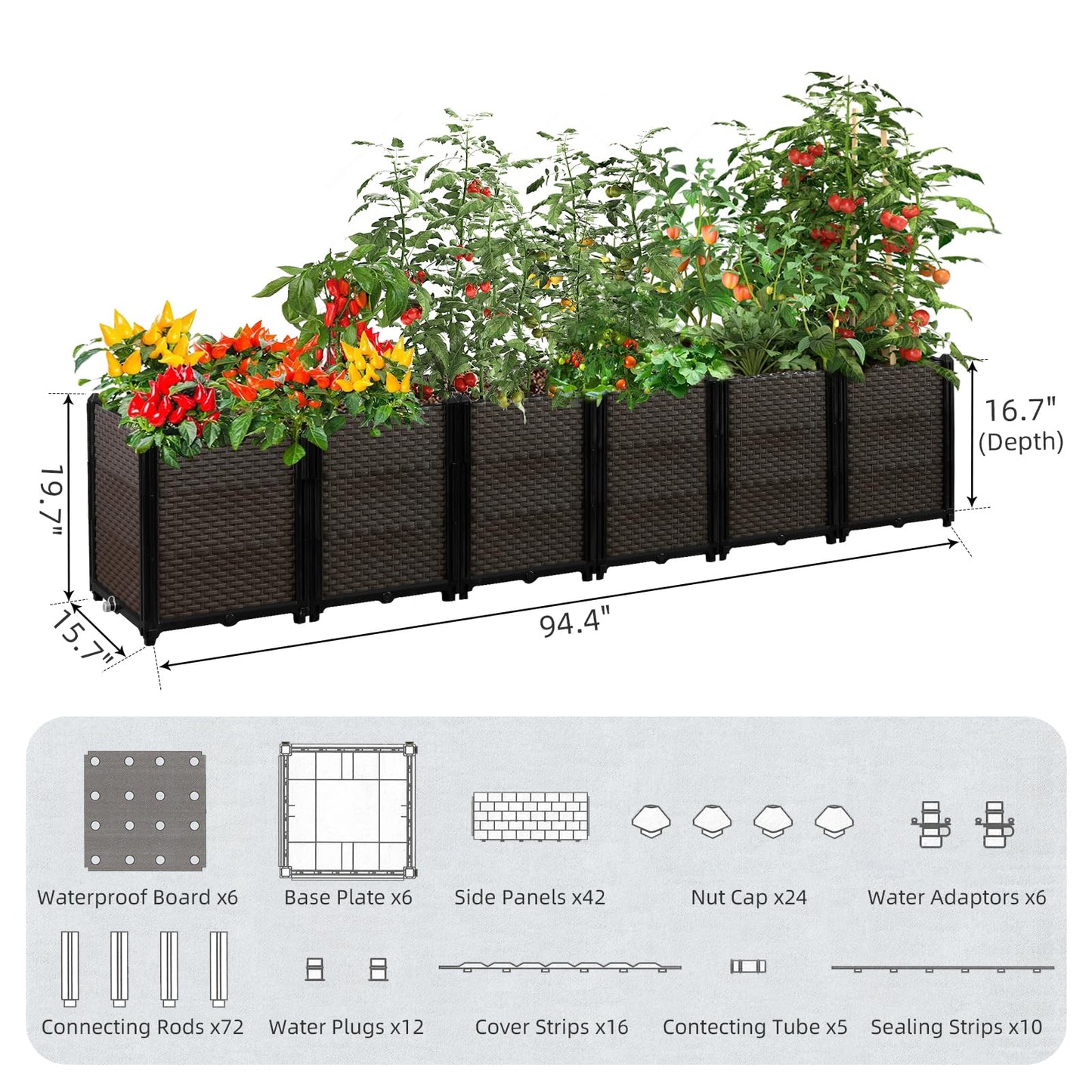 Large Raised Planter Box Outdoor Self Watering 94.4"x15.7"x19.7", Deep Raised Garden Bed - Elevated Garden Box with Drainage Plug, Rectangular Garden Planter Perfect for Patio Balcony Deck