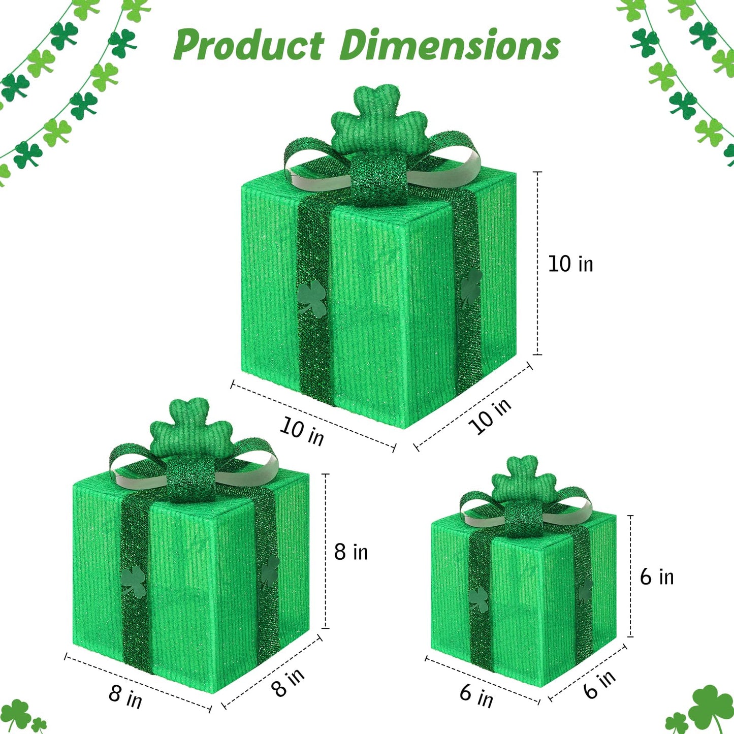 Lewondr St Patricks Day Decorations Lighted Gift Boxes with 3D Shamrocks, Green Decor Light Up Present Boxes for St Patrick's Day, USB Powered + Remote Control Lucky Clover for Indoor Home Holiday