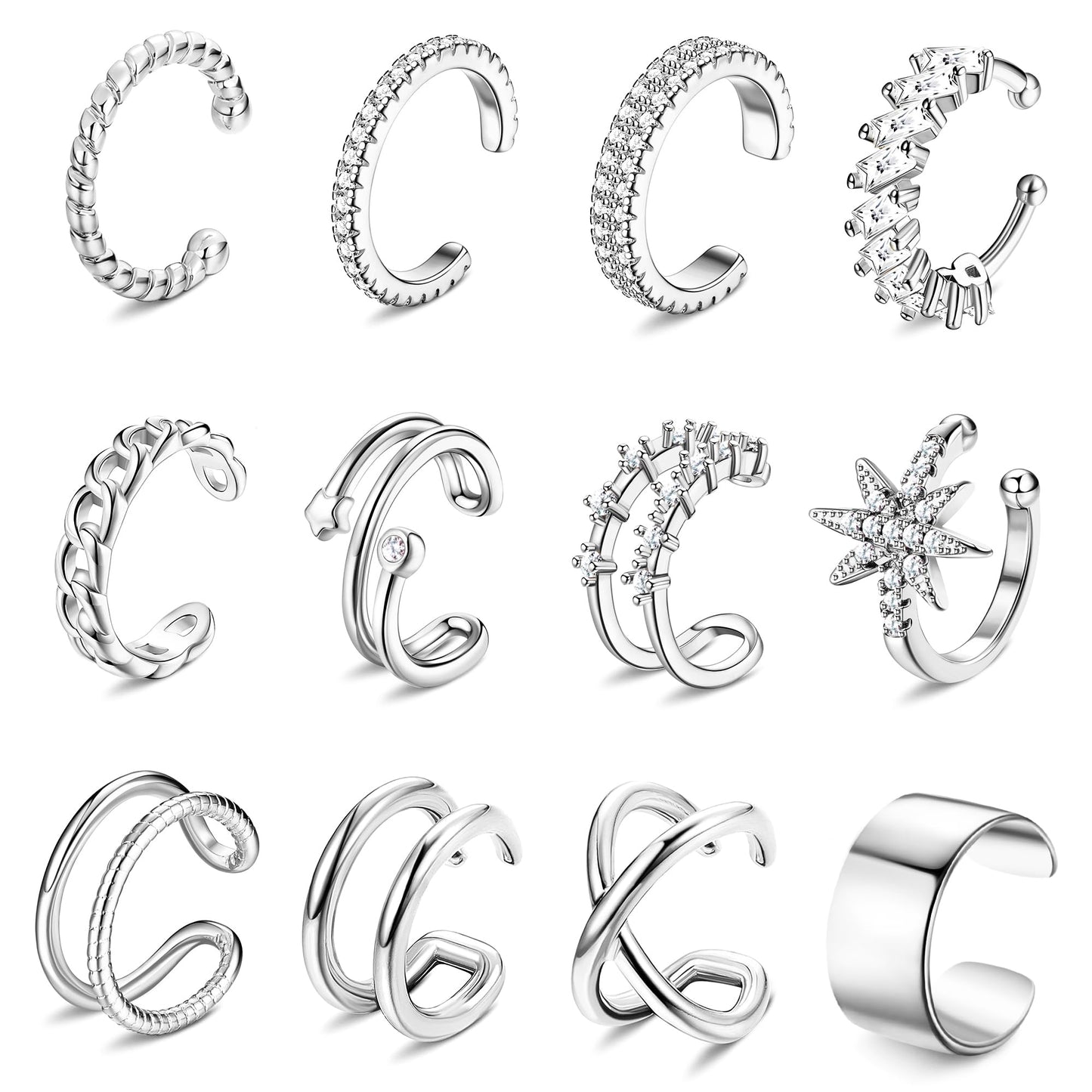 Dochais 9Pcs Ear Cuff 14K Gold Plated Cuff Earrings Gold Ear Cuffs Non Pierced Ear Clips Cartilage Earring Fake Earrings (12pcs-Silver)