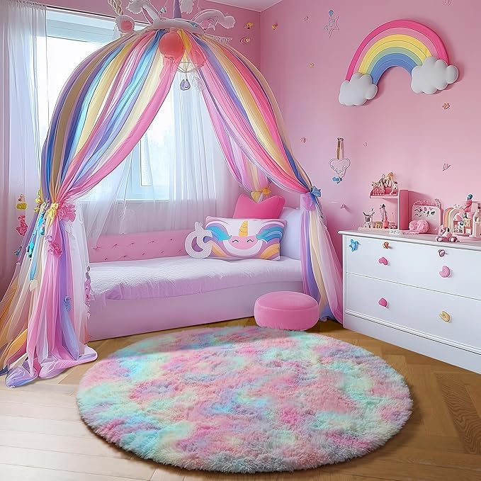 Amdrebio Rainbow Fluffy Small Round Rug 3Ft Kids Rugs for Girls Bedroom, Unicorn Room Decor, Colorful Pastel Shag Carpet for Dorm, Soft Cute Fuzzy Kawaii Circle Area Rugs for Baby Nursery, Playroom