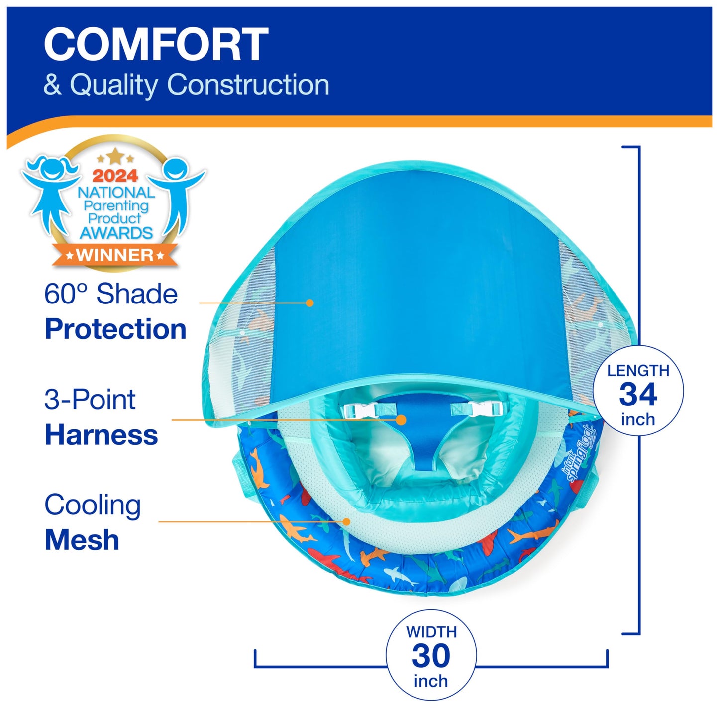 SwimWays Infant Spring Float, Baby Pool Float with Canopy, Swimming Pool Accessories for Kids 3-9 Months, Shark