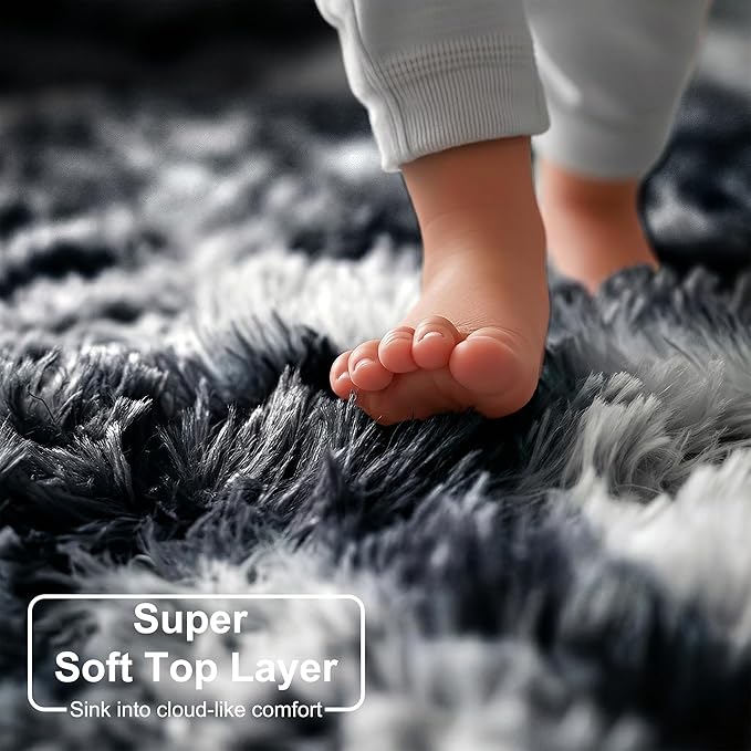 Amdrebio Black White Grey Round Rug 5Ft Circle Area Rugs for Living Room Bedroom, Fluffy Fuzzy Shaggy Furry Rugs for Kids Room Dorm Home Office, Shag Plush Floor Modern Cool Carpet for Men Teen Boys