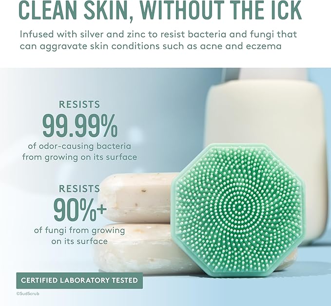 Sud Scrub® Antimicrobial Silicone Face Scrubber, 1 Pack, Gentle Face Exfoliator for Sensitive Skin, Eco Friendly Facial Cleansing Brush, Exfoliating Face Brush for Men and Women (Mint)