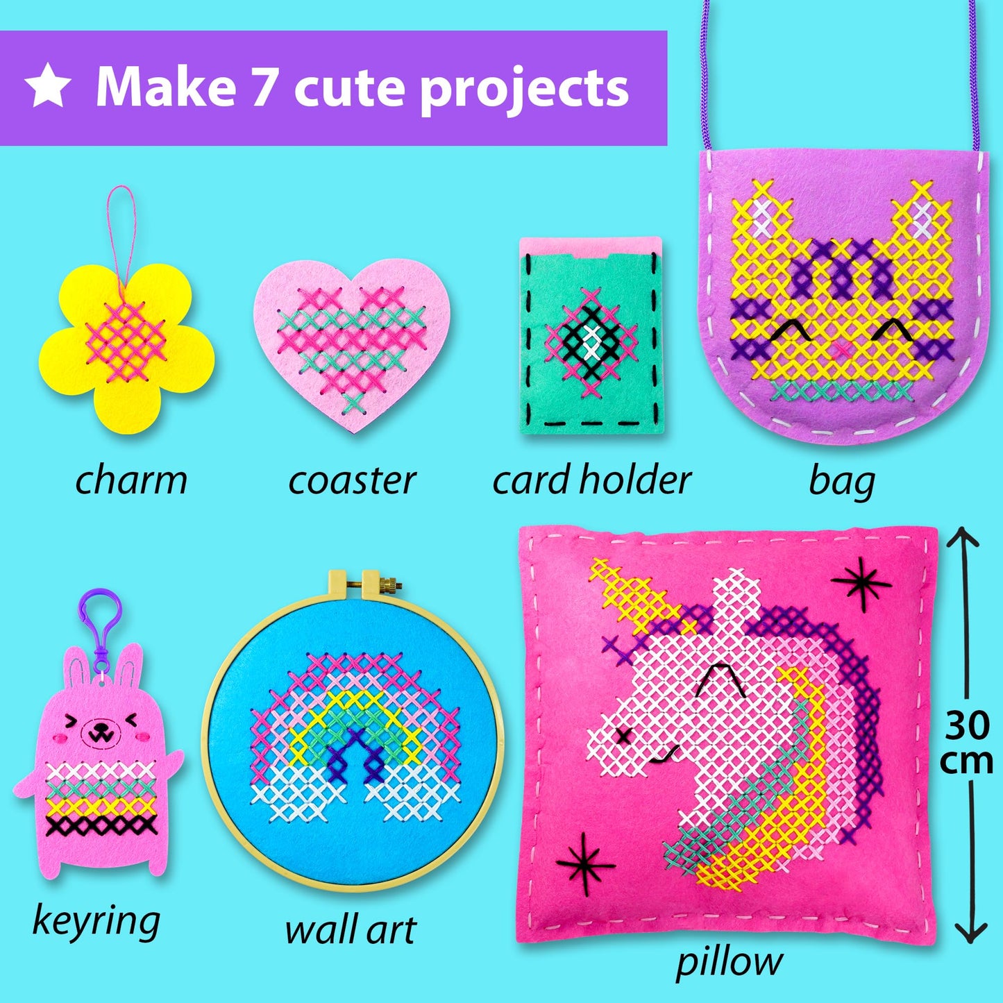 KRAFUN My First Cross Stitch Kit for Kids Age 5+, 6 Beginner Embroidery Projects, Arts & Crafts Gift for Girls & Boys, DIY Felt Keyring Bag Pillow Coaster Card Holder Wall Art