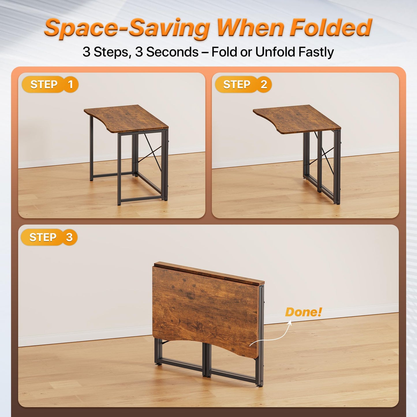 Huuger Folding Desk for Small Spaces, 31.5 Inch Foldable Computer Table, for Home Office, Study, Bedroom, Dorm, Space Saving, Small Writing Work Office Computer Desk, Easy to Fold, Rustic Brown