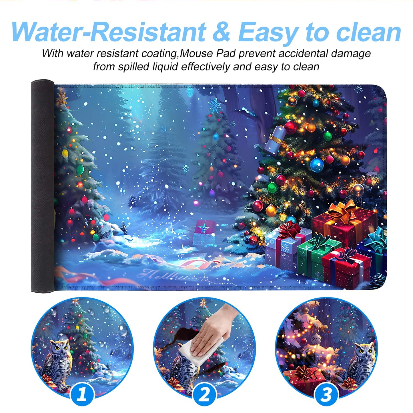 Christmas Owl Mouse Pad XXL – Large Holiday Desk Mat with Forest Gifts and Snow Lights, Extended Non-Slip Mousepad for Office, Gaming, Home Setup, 31.5 x 11.8 in