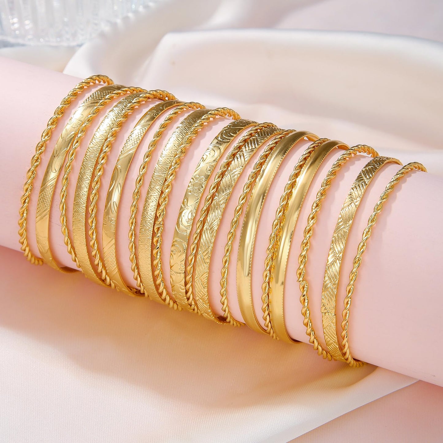 RINTOLER 19Pcs Gold Bangle Bracelets for Women - Multi Layer Stackable Textured Bracelets Boho Bracelets Set for Women. (19Pc Gold)