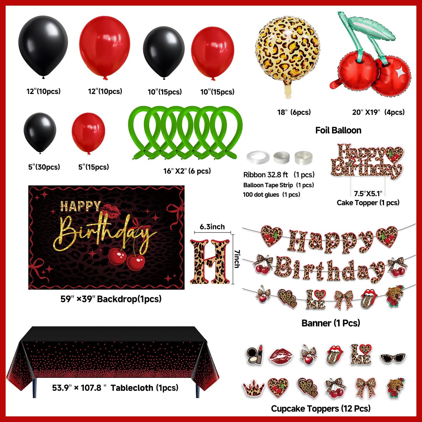 Cheetah and Cherry Birthday Decorations for Women Girls - Red and Black Balloon Arch Kit, Cherry and Cheetah Print Balloons, Tablecloth, Banners, Cake Toppers, Girls Night, Bachelorette Party Decor