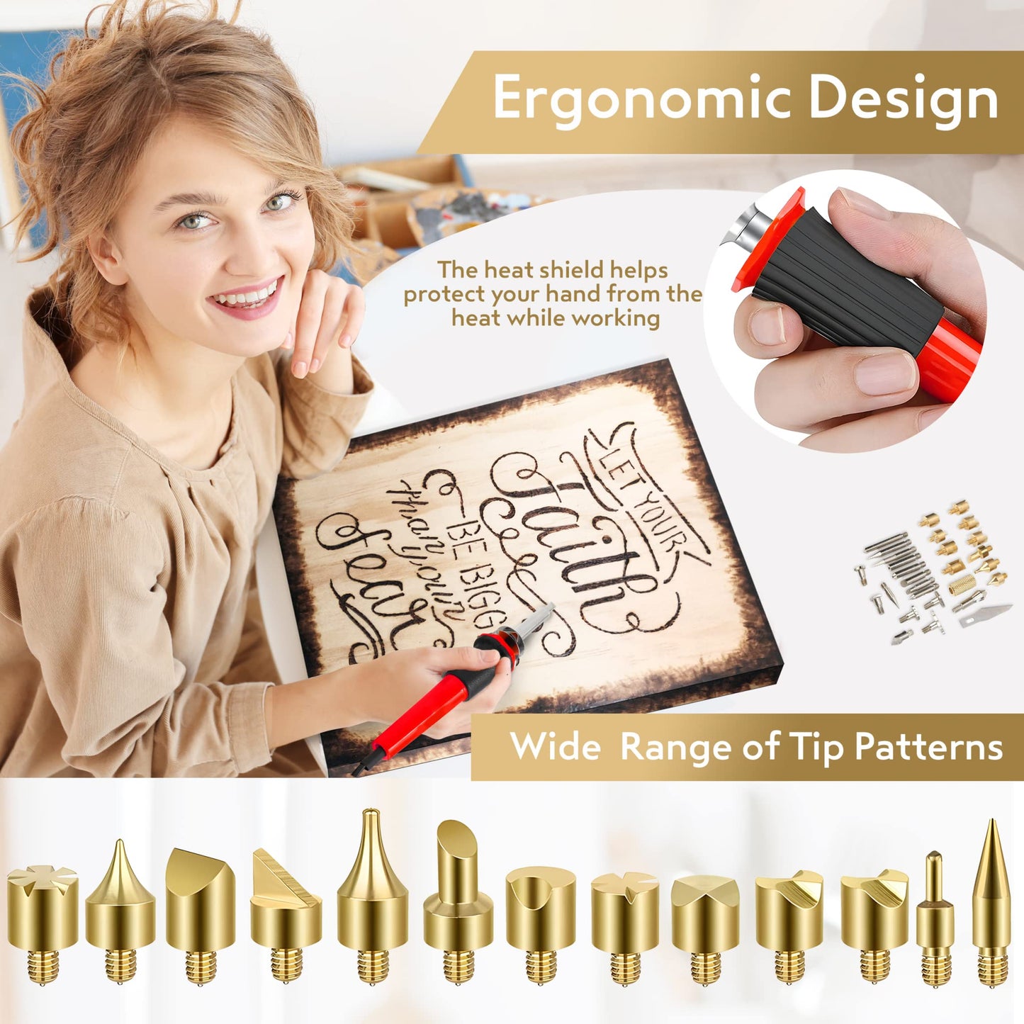 Woodland Home Professional Wood Burning Kit with Letters - Pyrography Pen Fully Adjustable Temperature With safety Stand - 27 Tips with Cutting Blade, Stencils and Deluxe Case