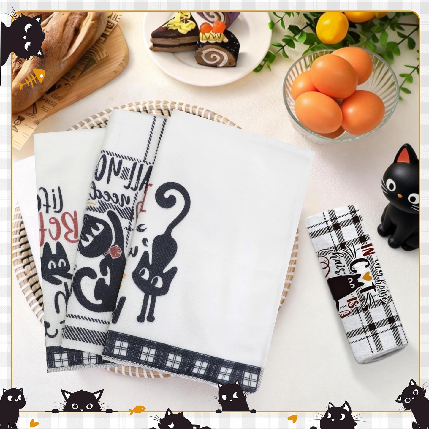 Vetoxka 4 PCS Black Cat Decor Kitchen Towels - Set Quick Drying Cute Hand Tea Dish Towel for Accessories Checkered Funny Saying Kitty Plaid for Cat Lover Home Decorations Bathroom Housewarming Gifts