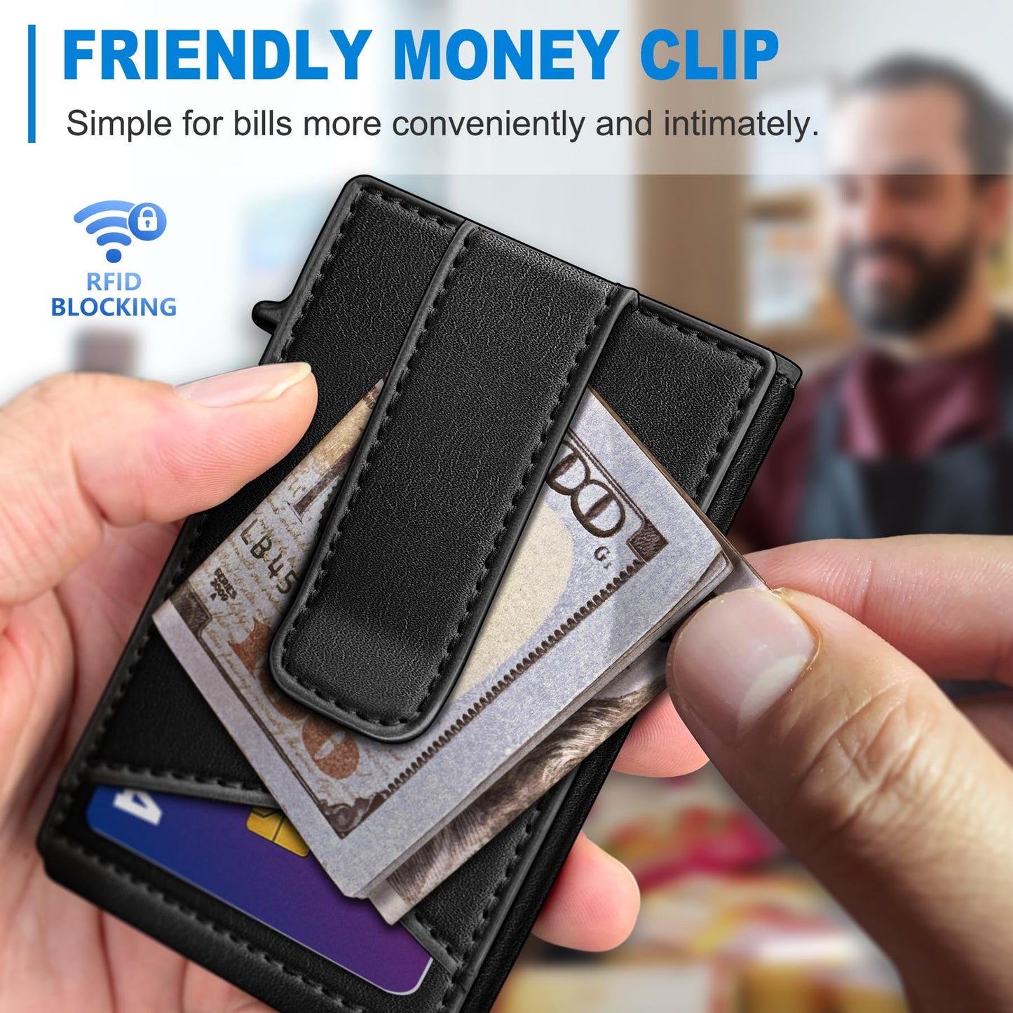miyozi Airtag Wallet for Men Money Clip 9-Card Pop-Up Credit Card Holder with ID Window RFID Blocking Metal Case Magnetic Closure Front Pocket Wallet Gift Box
