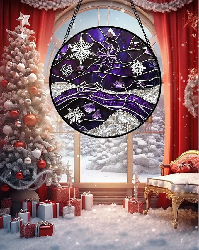 Stained Glass Window Hanging - Silver Purple Snowflakes Suncatcher for Doors Home Christmas Decoration Sun Catcher Thanksgiving New Year Birthday Gifts for Friend Women Men Mom Nana 7.8 in