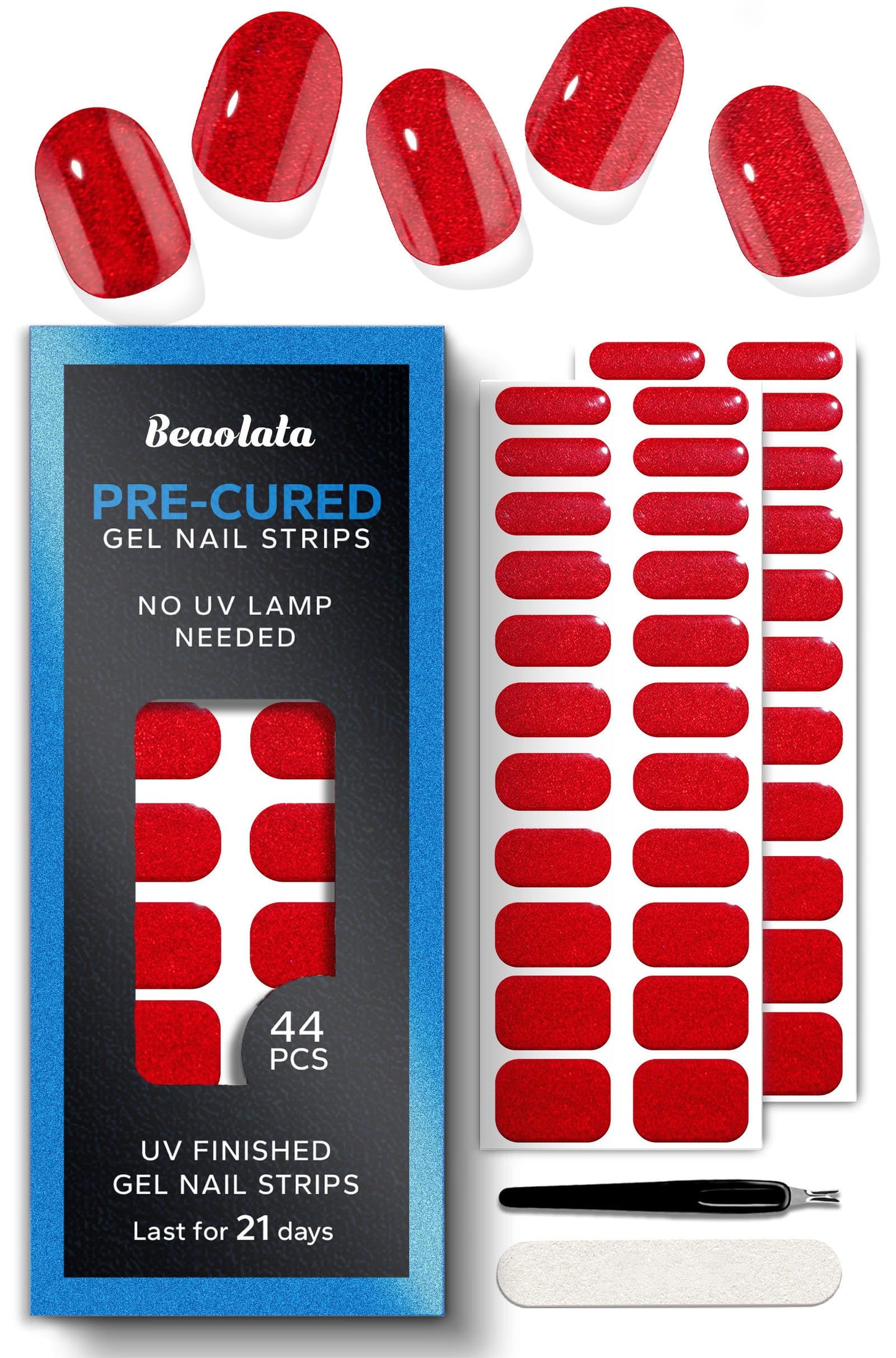 Beaolata Real Gel Nail Strips (No UV Light Needed) - 44Pcs Salon Quality Nail Stickers - Long Lasting Polish Wraps for Women, Easy Apply & Remove (Pigeon Blood Ruby)