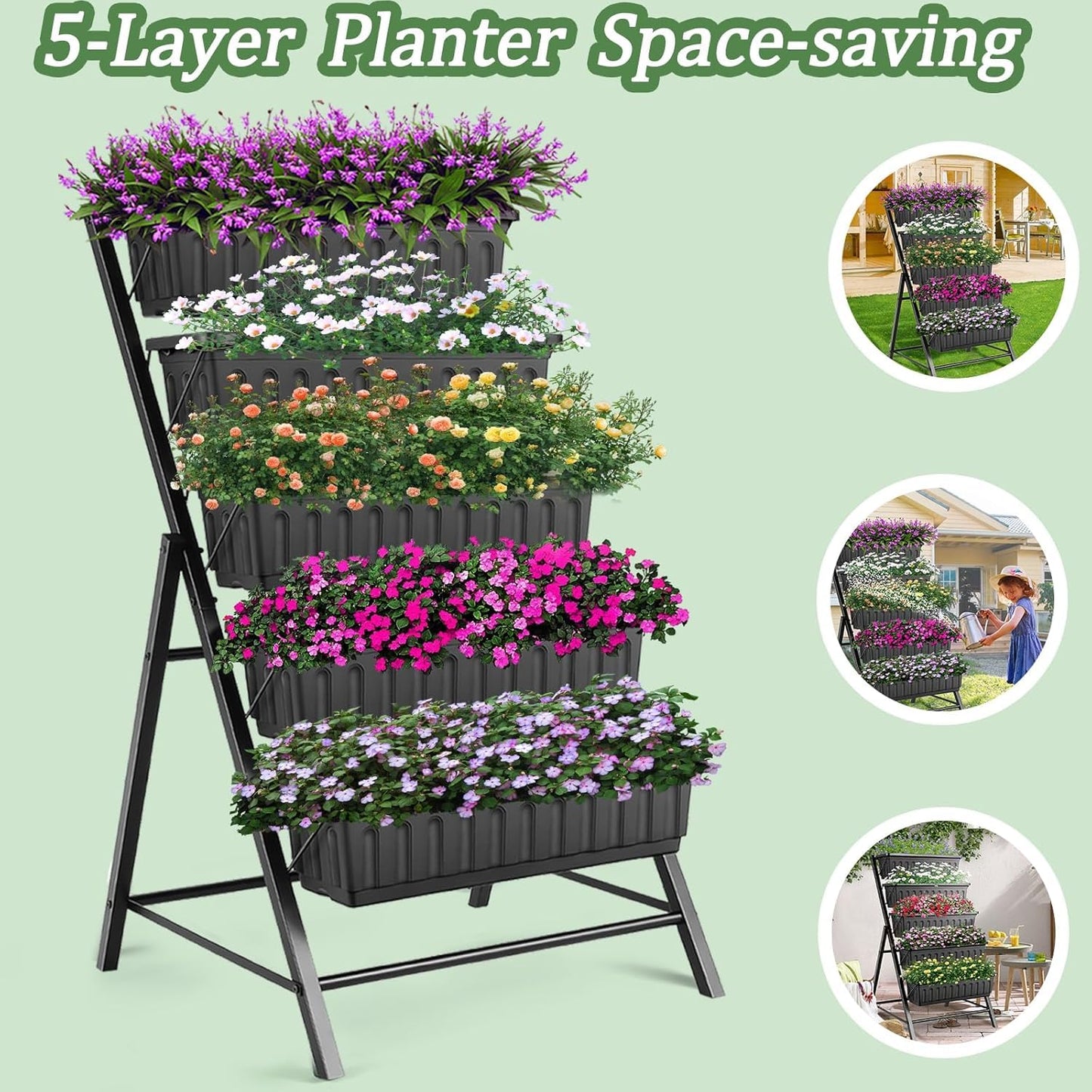 TEANDE 2 Pack Vertical Raised Garden Bed, 5-Tier Elevated Planter Box w/Drainage System & 4 Hooks for Herbs Vegetables Flowers, Vertical Garden Planter for Patio Yard Indoor Outdoor, Black