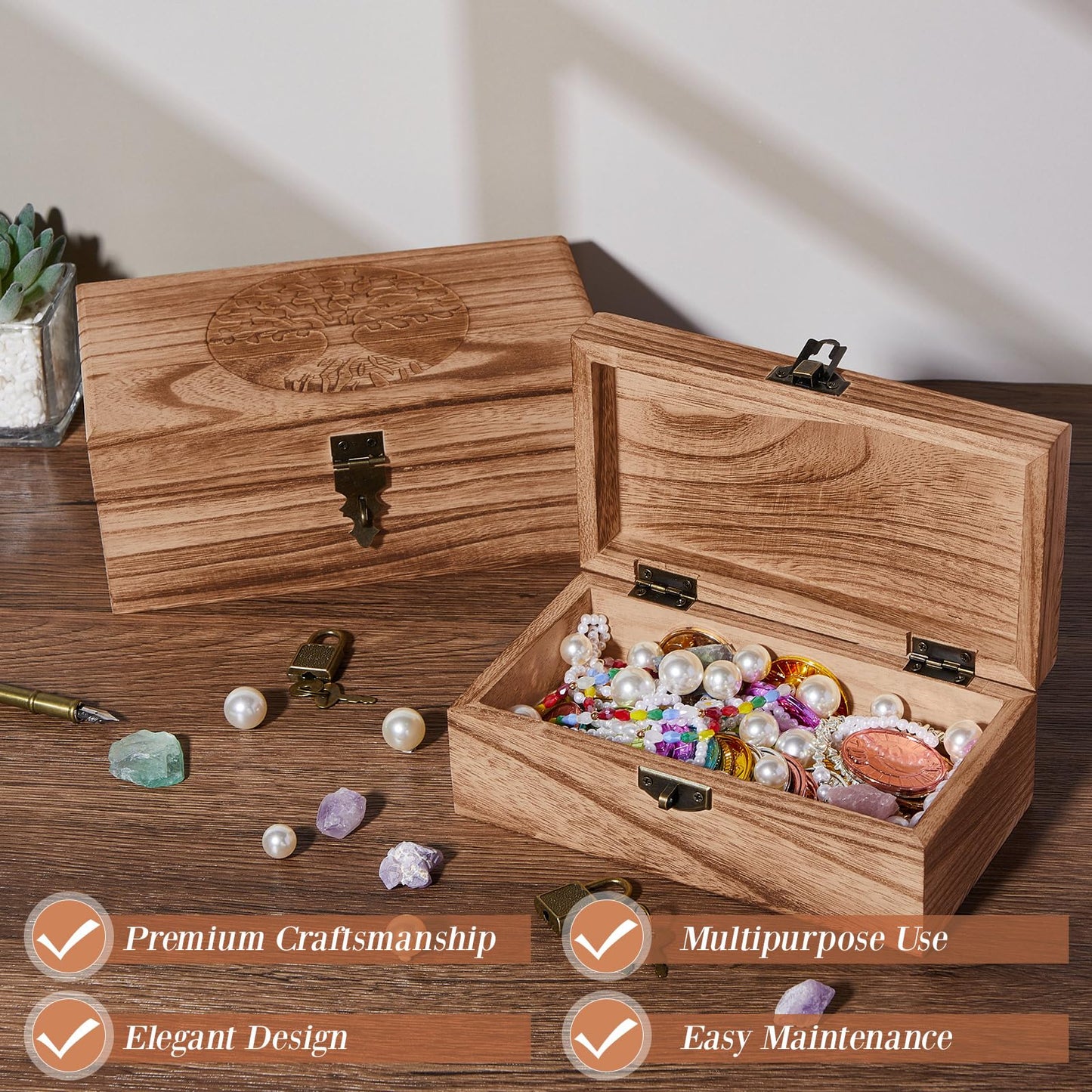 Vicenpal 2 Wooden Tree Keepsake Boxes with Lock, (8x5x3.2 inch & 7x3.7x2.8 inch), Handmade Decorative Treasure Chest Box, Gift Ideas for Men & Women Jewelry Rings Storage