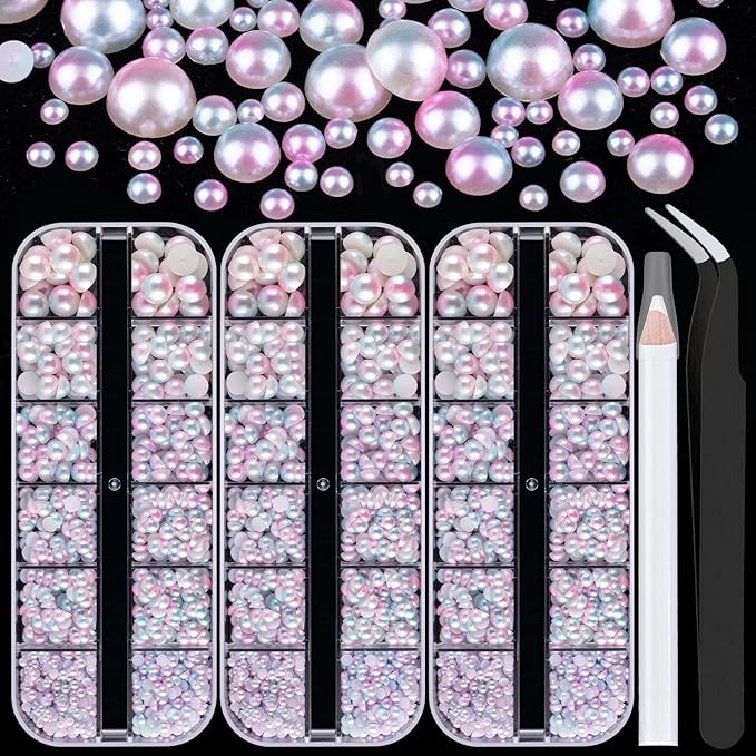 Belleboost Flat Back Pearls Kits 3 Boxes of Flatback Pink Mermaid Half Round Pearls with Pickup Pencil and Tweezer for Home DIY and Professional Nail Art, Face Makeup and Craft