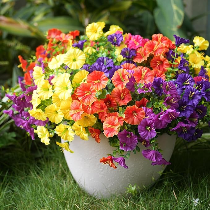 Artificial Flowers for Outdoors, UV Resistant Fake Silk Morning Glory, Realistic Faux Plants for Outside Porch Patio Window Box Hanging Planter (16, Purple Fuchsia Yellow Orange)