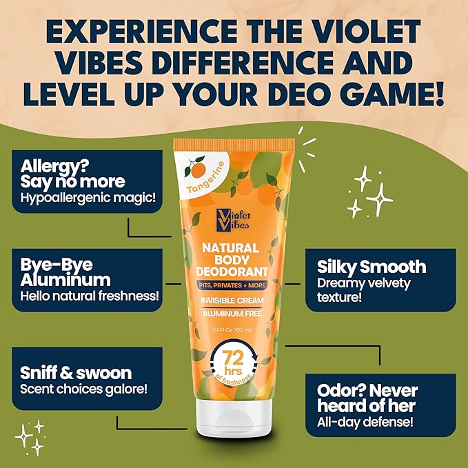 Violet Vibes Deodorant Cream for Women | Hypoallergenic & Gentle On Skin | Noni Leaf Extract, Aluminum-Free, Sensitive Skin, Fresh Odor Control for Whole Body 100mL (3.4 fl oz.) (Tangerine)
