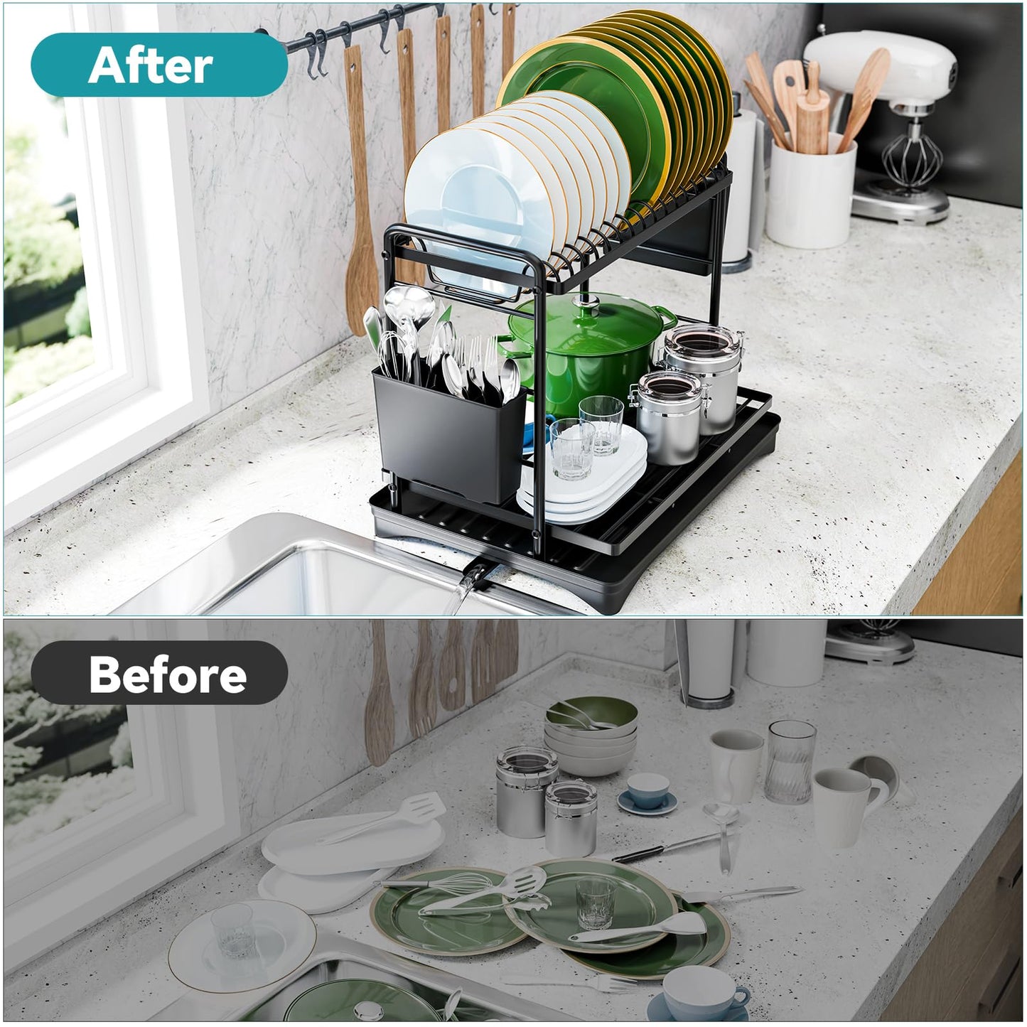 Simple Trending Dish Drying Rack, 2-Tier Dish Rack for Kitchen Counter, Large Dish Drainers Sink Organizers and Storage, Black