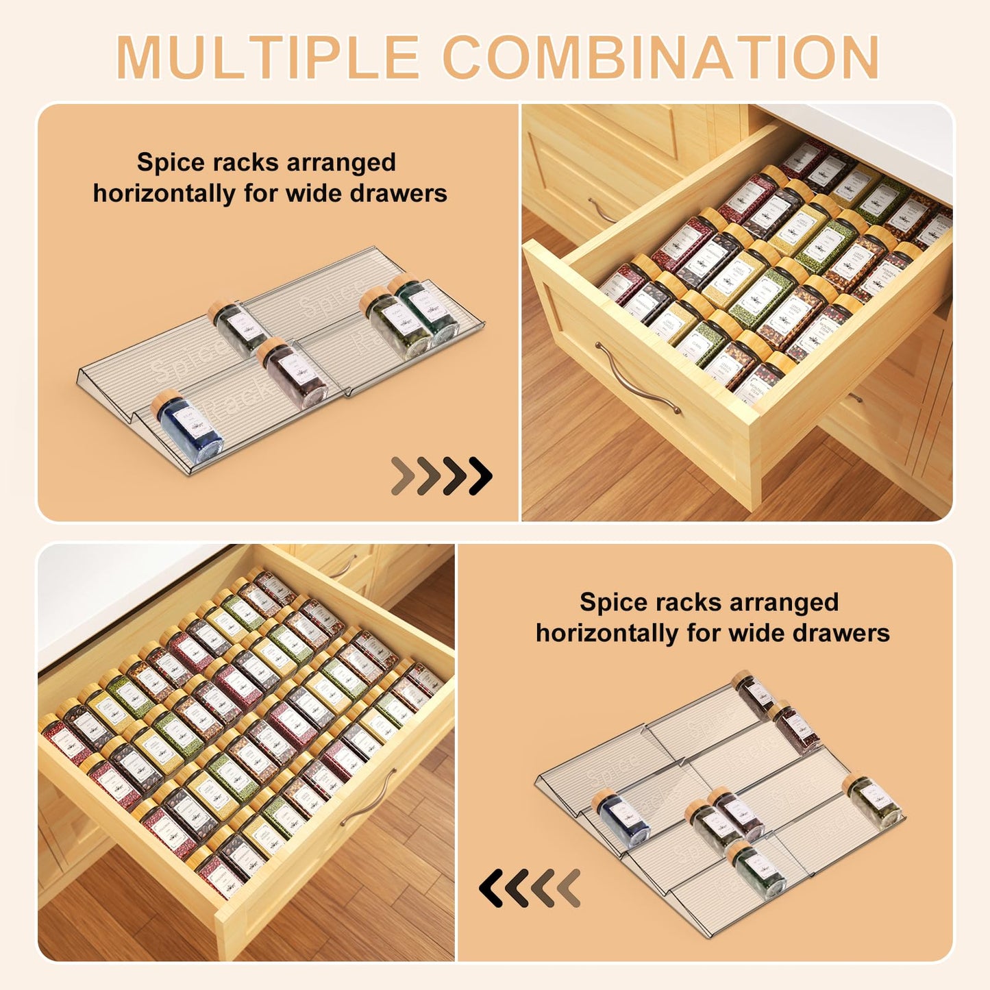 24 Spice Jars with Spice Drawer Organizer, 355 Spice Labels, 2 Pack Expandable From 11'' to 21'' Acrylic Spice Rack for Drawer, Seasoning Containers Storage Organization for Kitchen Cabinet Countertop