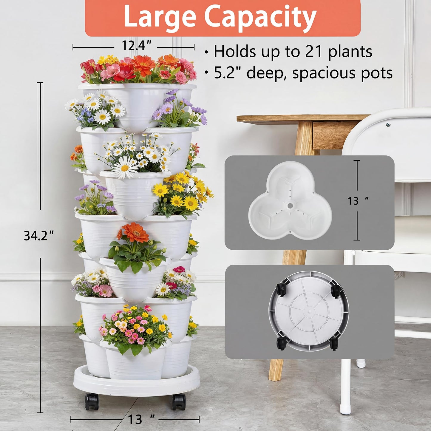 VECELO 7 Tier Vertical Garden Planter, Self Watering Stackable Planters with Wheels for Strawberries, Herbs, Flowers, Vegetables, White