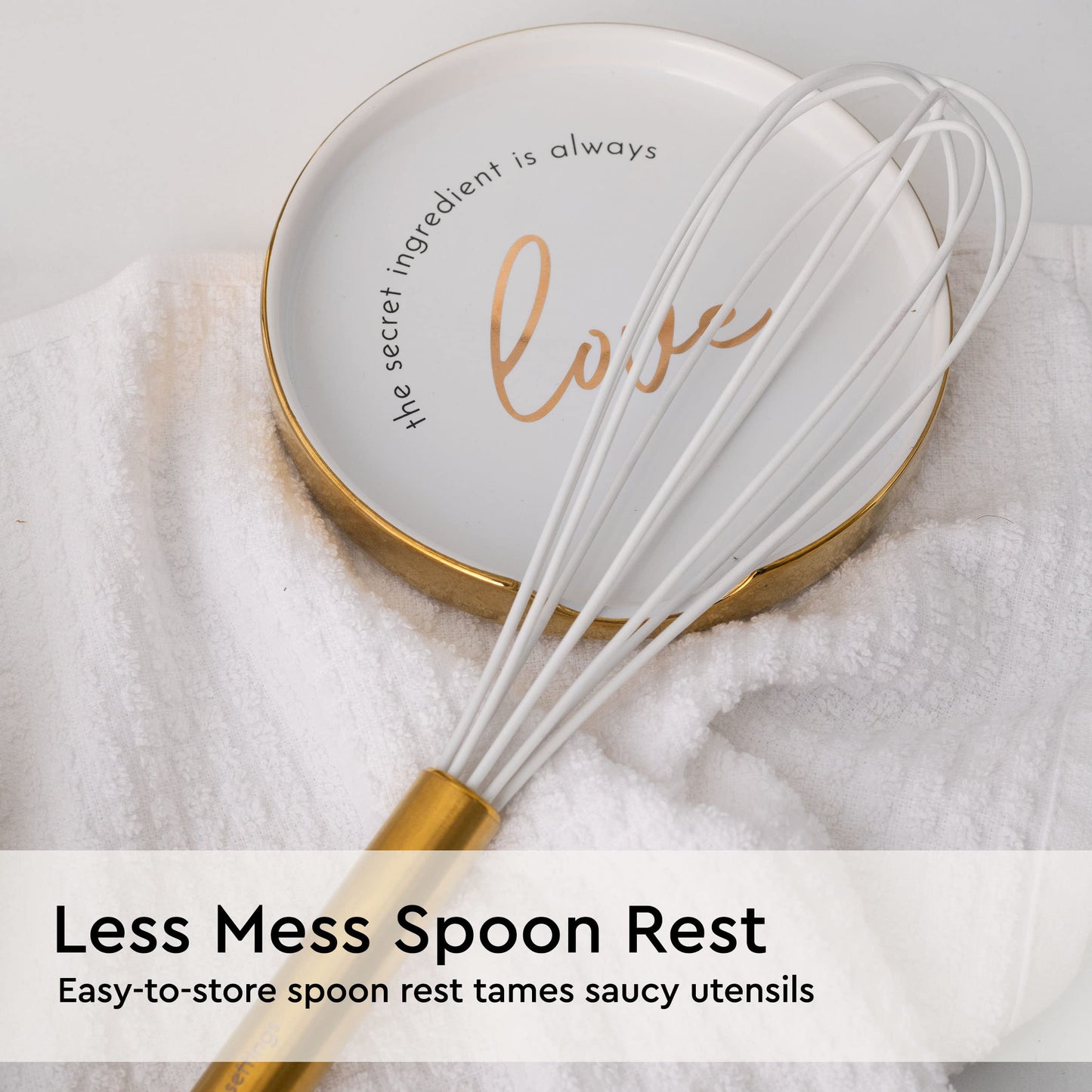 White Utensil Holder with Built-In Ceramic Spoon Rest - 2-Piece Luxe White and Gold Spatula Holder with Gold Spoon Rest for Countertop Organization - Stylish Kitchen Accessory, Utensils Not Included