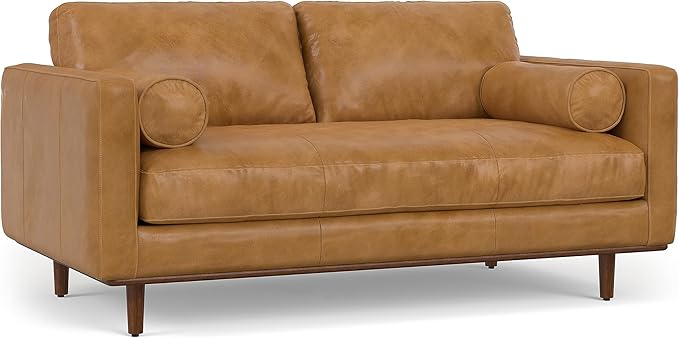 SIMPLIHOME Morrison Mid-Century Modern 72 inch Wide Sofa with Ottoman Set in Sienna Genuine Leather for the Living Room and Family Room