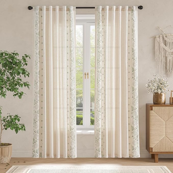 jinchan Winslow 4 Panel Curtains Set 84 Inch Length Embroidered Bordered Floral Curtains for Living Room Farmhouse Decor Light Filtering Window Treatments Sage on Beige Drapes 4 Panels
