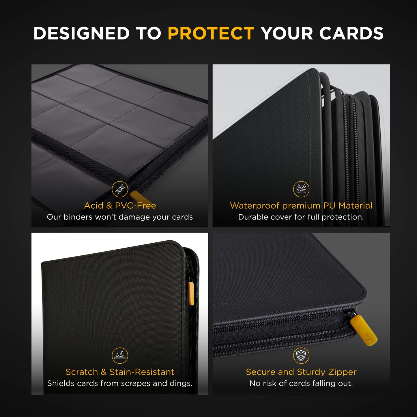Card Guardian - 9 Pocket Premium Black Card Binder with Zipper for 360 Cards - Trading card binder with Side Loading Pockets for Trading Card Games -TCG Binder (Black)