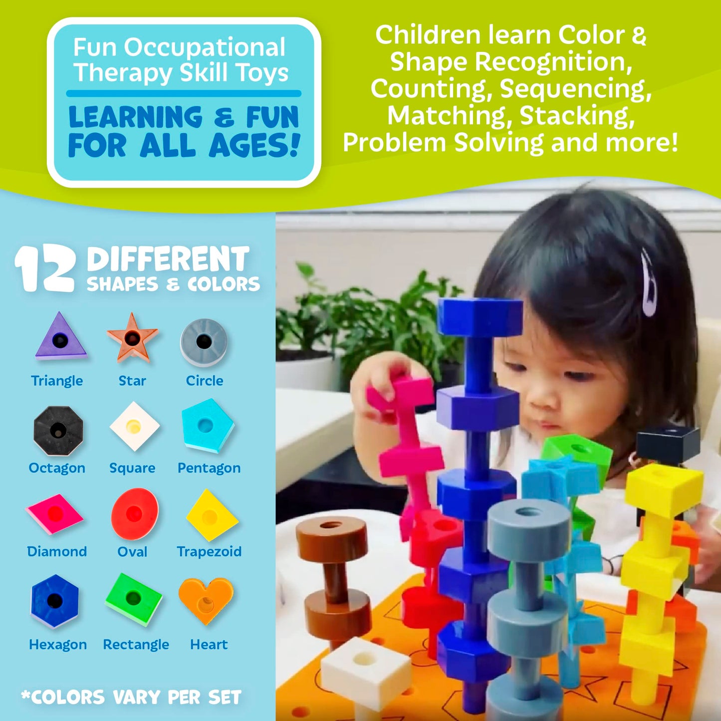 Skoolzy Stacking Toddler Peg Board 38 Piece Set and Rainbow Sorting Bears with Matching Cups 69 Piece Set Montessori Occupational Therapy Toddler Toys Kit with Storage Bags and eBook