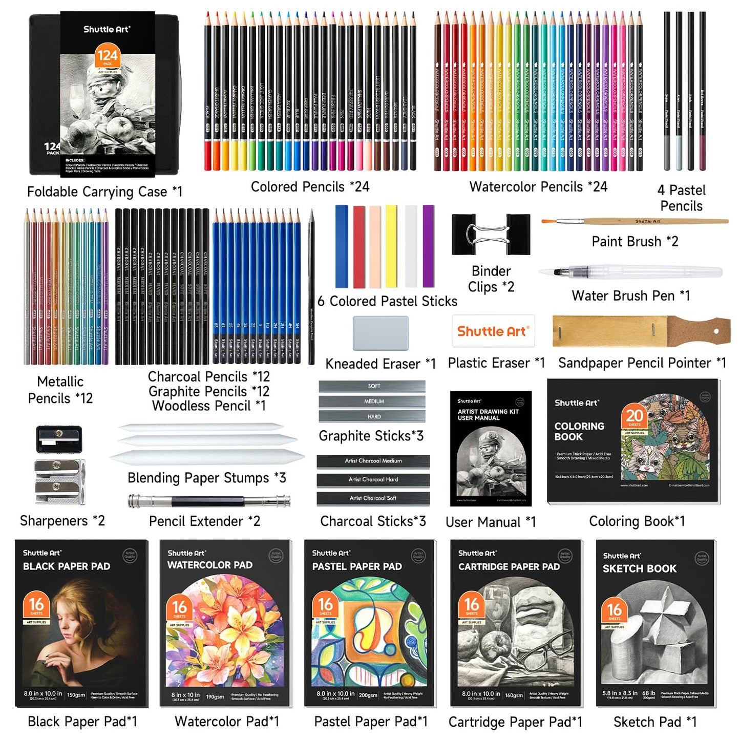 Shuttle Art 124 PCS Drawing Kit, Professional Drawing Supplies with Sketch, Charcoal, Colored, Graphite, Pastel Pencils & Sticks, Complete Drawing Tools and Paper Pads in Zipper Case for Artists&Kids