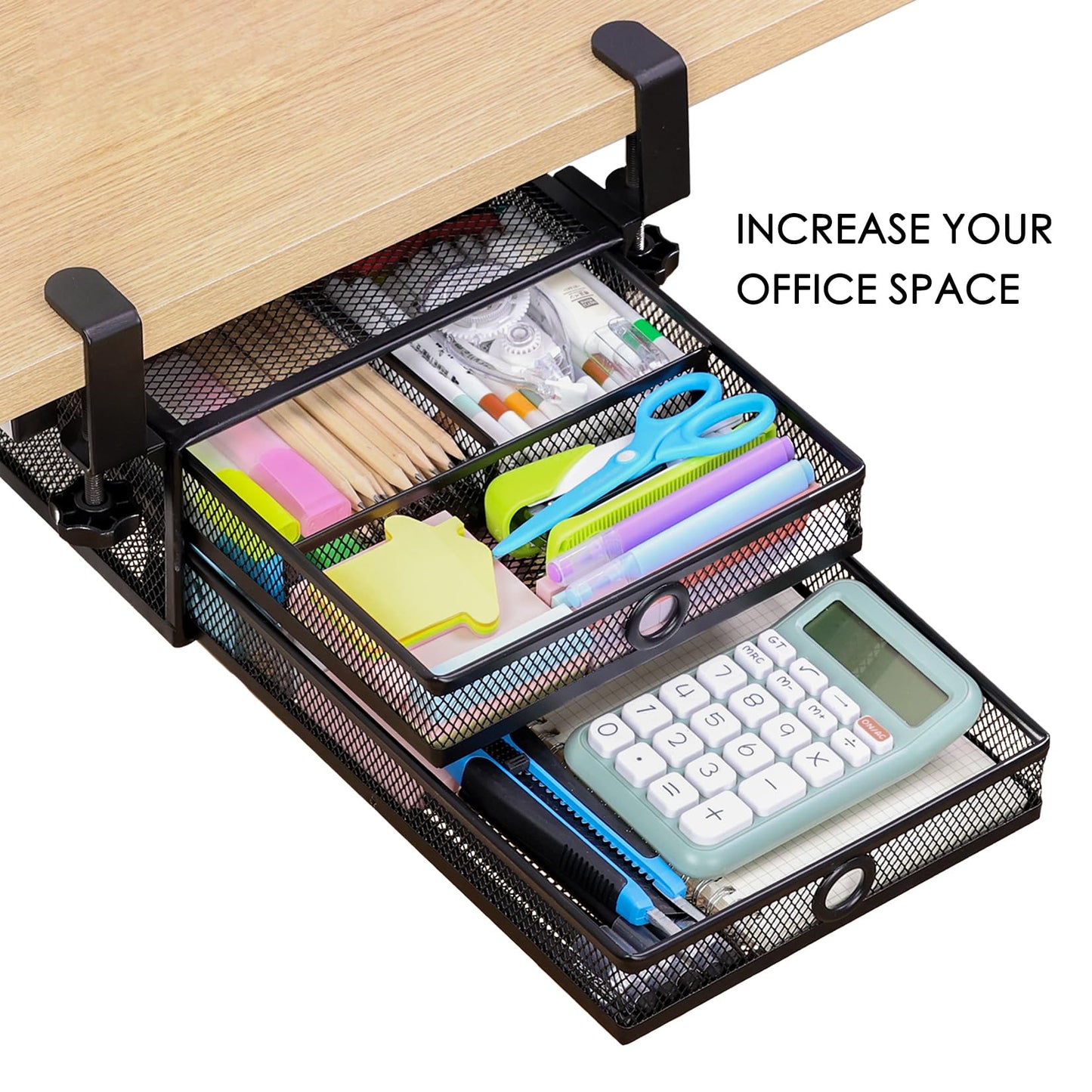 Euyona 2-Tier Clamp-On Mesh Organizer, Under Desk Storage with Slide-Out Tray, No Drilling Tool-Free Installation, Durable Rust-Resistant Metal, Large-Capacity Organizer.