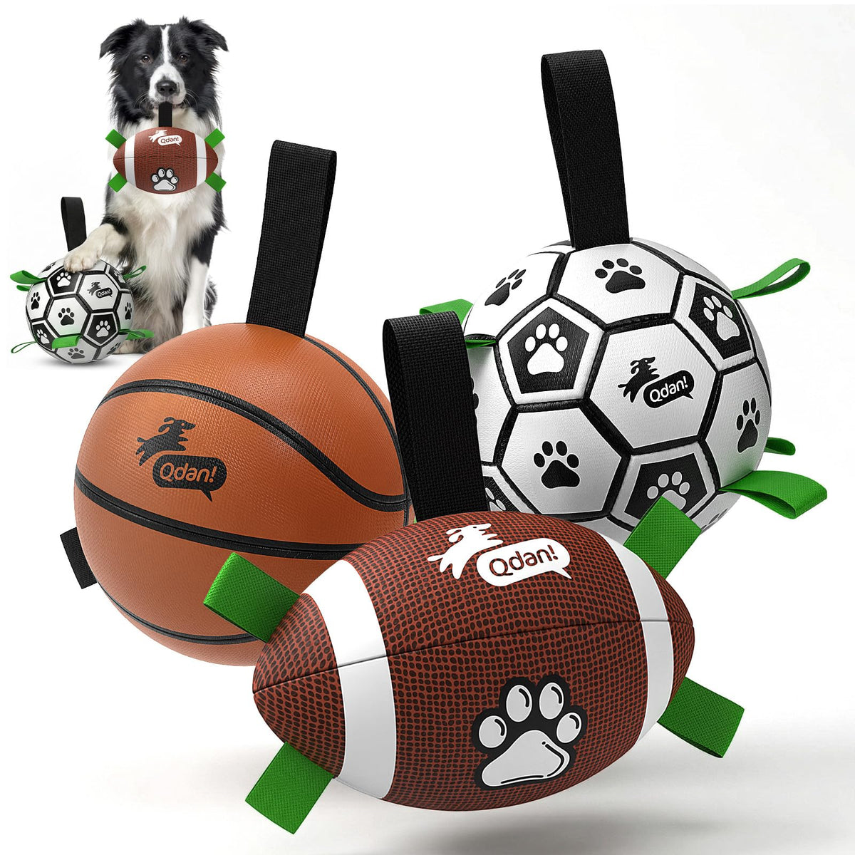 QDAN Dog Toys Balls with Bell Inside, Squeaky Dog Balls for Tug of War, Puppy Birthday Gifts, Dog Water Toys, Ball for Small Dogs(Black Green, 5 inch)