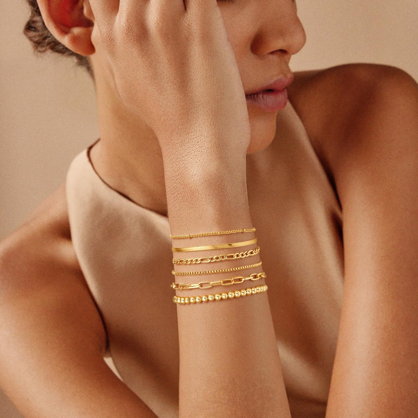 Mujahid Gold Bracelets for Women Waterproof, 14K Gold Plated Bracelets Stack Adjustable Jewelry Set for Gifts;Trendy Thin Dainty Stackable Cuban Link Paperclip Chain Bracelet Pack Fashion Accessories