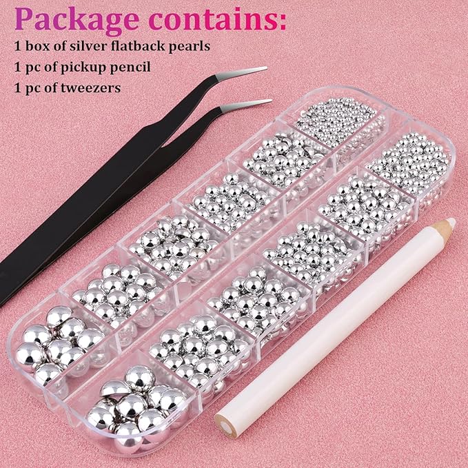 Belleboost Silver Nail Charms and Gems, Half Round Flatback Pearl Nail Charms, Nail Pearls Rhinestones Kit Silver Beads for Nails with Pencil and Tweezer for DIY Nail Art, Face Makeup and Crafting