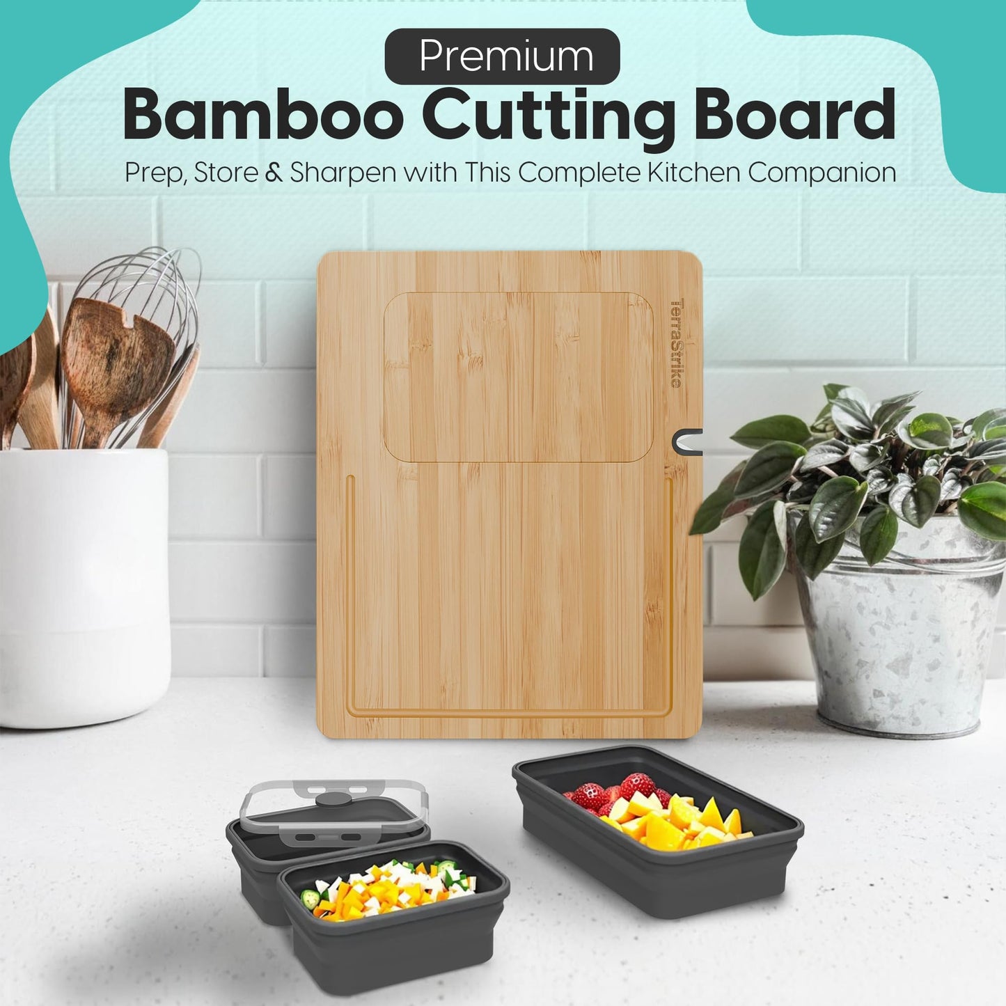 TerraStrike Bamboo Cutting Board Set with Knife Sharpener – Thick Wood Boards with Juice Groove, Silicone Container & Handles Non-Toxic Over Sink Design Ideal Kitchen Gifts