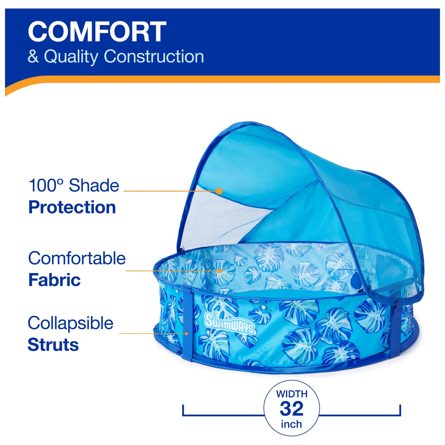 Swimways Elite Pop-Up Above Ground Pool, Baby Pool with Canopy & Carrying Case, Foldable Kiddie Pool for Ages 9-24 Months, Measures 32", Blue