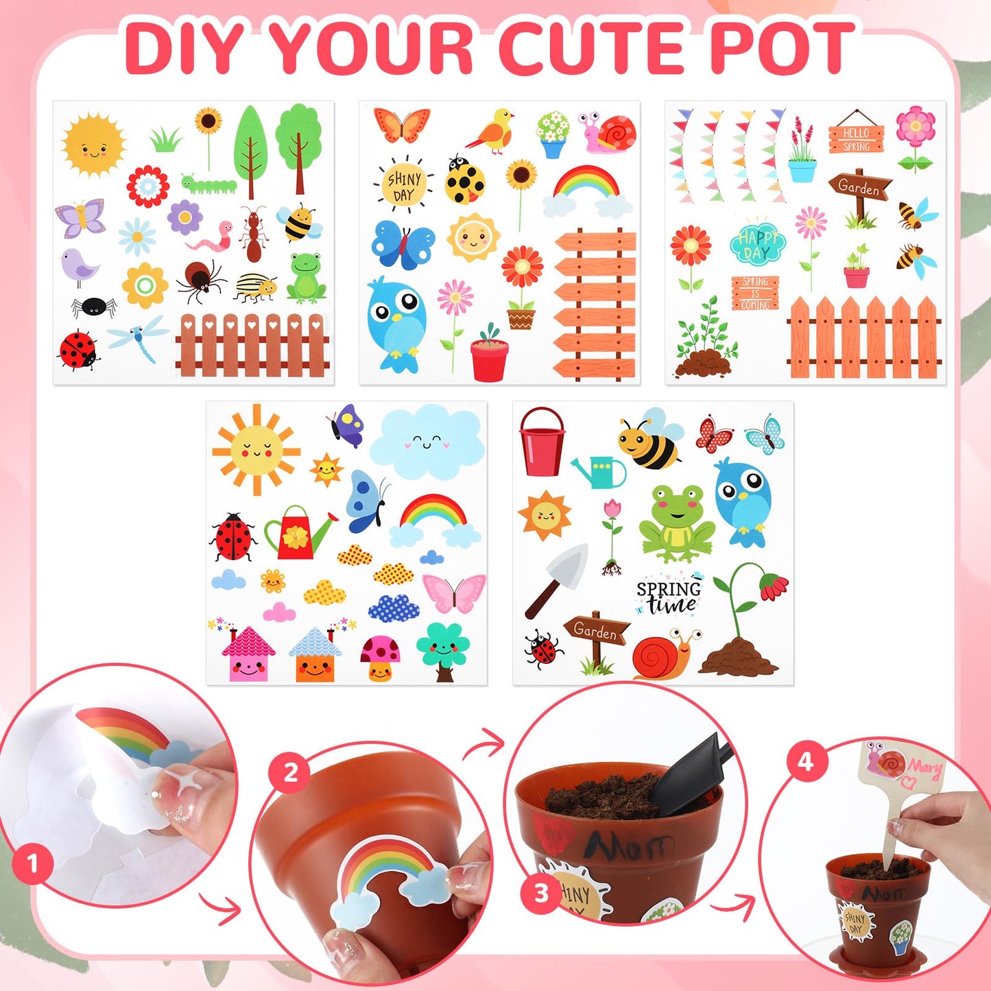 SiliFine 24 Sets Spring Kids Plant Growing Kit Flower Pots Cupcake Plant Nursery Pots Gardening Kit for Kids with Paint and Stickers Labels Name Tag for Easter Mothers Day Craft Bulk Classroom