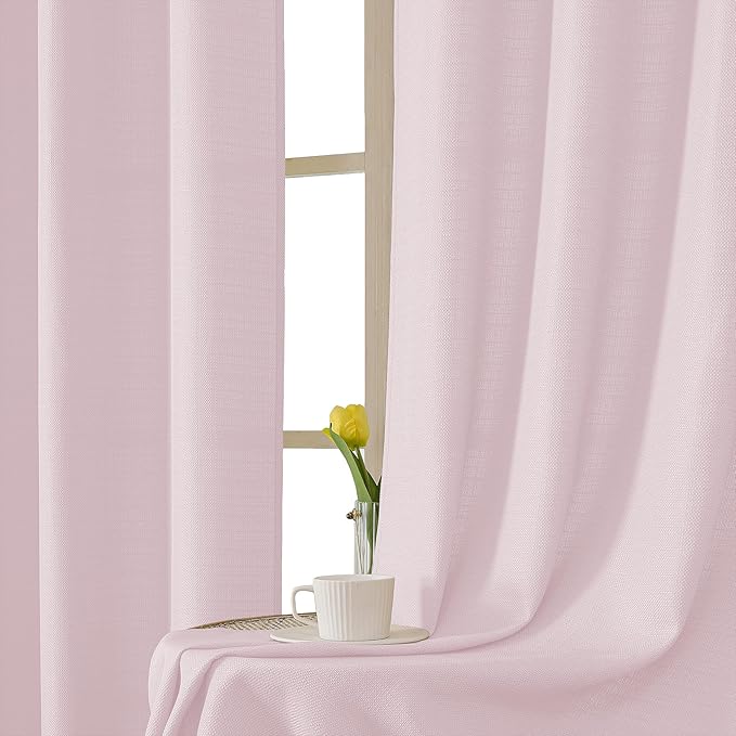 Chyhomenyc Bennet Blush Pink Curtains 45 Inch Length 2 Panels, Faux Linen Textured Semi Sheer Light Filtering Soft Airy Rod Pocket Window Treatment Drapes for Living Room Bedroom, Each 30" Wx45 L