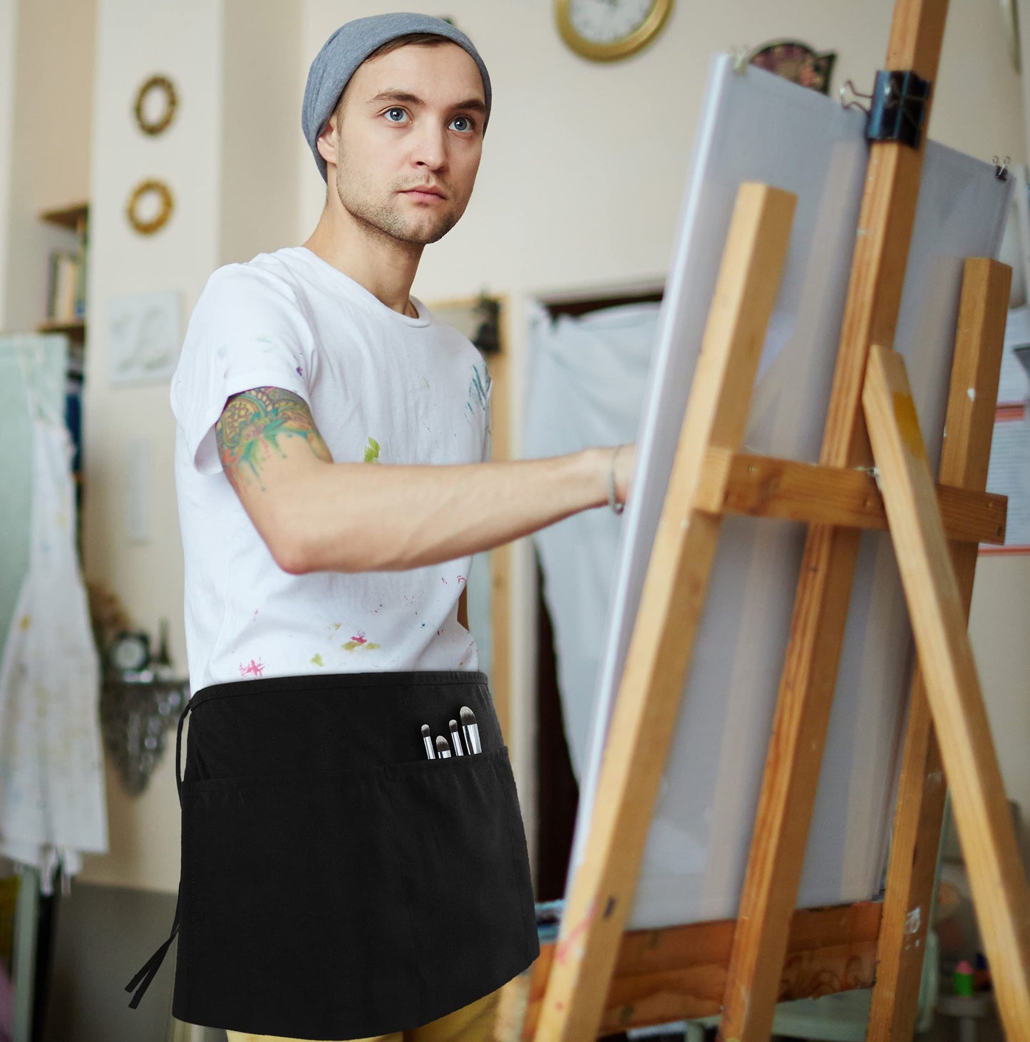 Utopia Wear 12 Pack Server Aprons with 3 Pockets, Waiter and Waitress Waist Aprons for Women with Pockets, Men Short Aprons (Black)