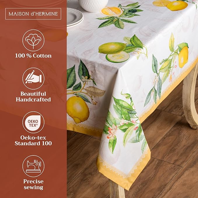 Maison d' Hermine Table Cloth Rectangle Table 100% Cotton 54 x 72 Inches Tablecloth Reusable Decorative for Dining Room Farmhouse Home Valentines Day Decorations Spring Summer - Limoncello