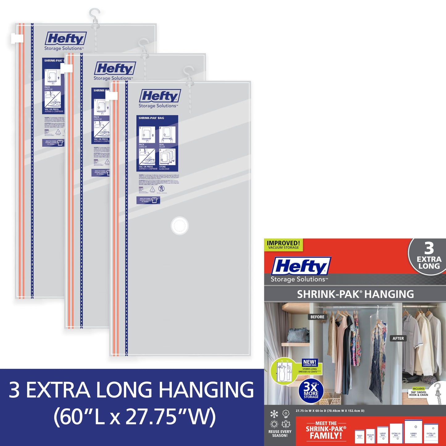Hefty Hanging Compression Bags 3 Extra Long Vacuum Garment Storage Bags for Clothes, Travel, Closet Organization (60 X 27 Inches) (X-Large)