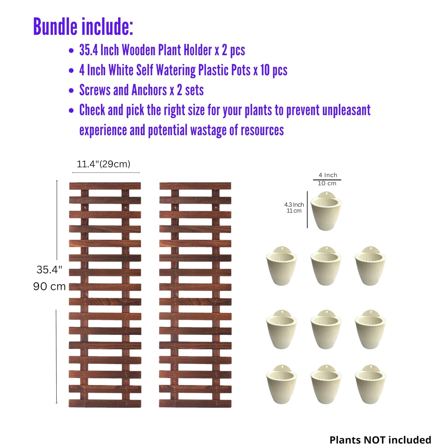 ShopLaLa Bundle- 2 Pack, 35.4 Wooden Plant Holder + 10 Pack, 4 Inch White Self Watering Plastic Pots Large Unique Modern Vertical Wall Mount Hydroponic Garden System Outdoor Planter Dark Brown Decor