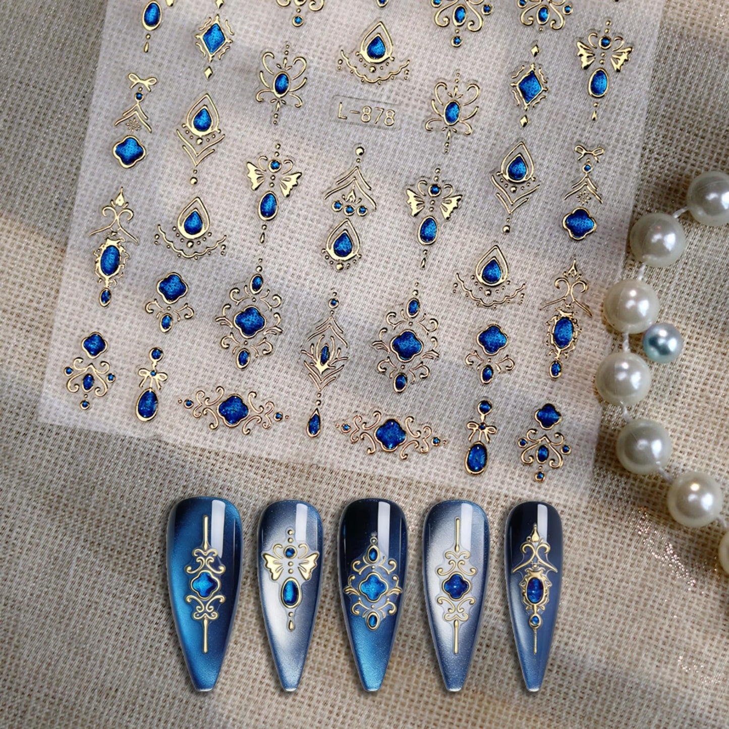 Gem Pattern Nail Art Stickers, 3D Embossed Retro Nail Decals, Self Adhesive Baroque Nails Decoration Supplies for Women Nails Design(Blue Gem-6 Sheets)