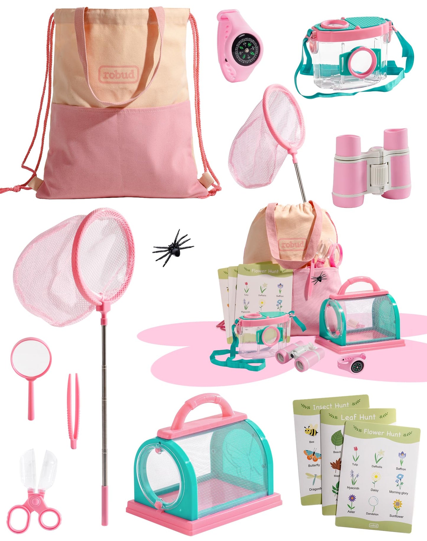ROBUD Upgraded Bug Catcher for Kids, Bug Catching Kit with Bag Kit, Pink Outdoor Exploration Set for Camping, Montessroi Toy for Kids Coming Closer to Nature，WRP59
